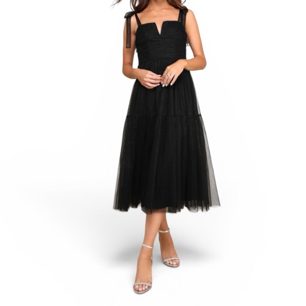 NEW Lulu's Twinkling Star Black Glitter Tulle Tie Strap Midi Dress Womens Small